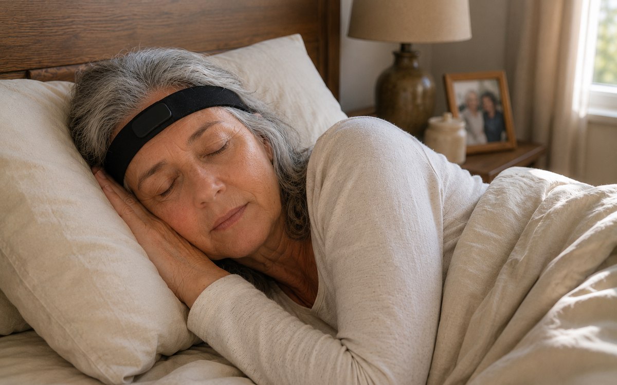 Older woman asleep in her own bed wearing the Nexus headband