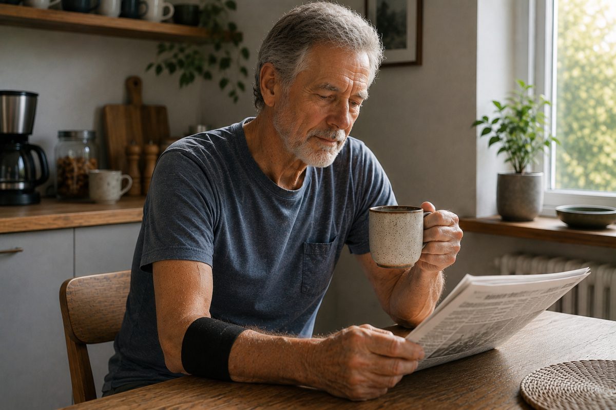 Older man at home wearing the forearm sensor sleeve